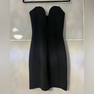 Black, strapless low cut mini dress